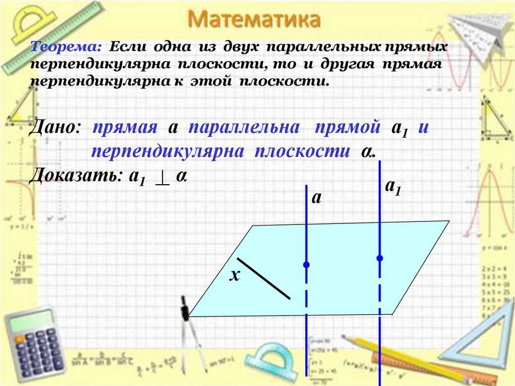 Теорема: Если одна из двух параллельных прямых перпендикулярна плоскости, то и другая прямая перпендикулярна к этой плоскости.