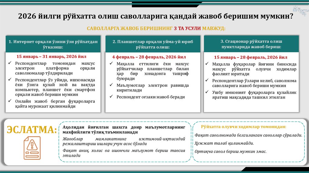 2026 йилги рўйхатга олиш саволларига қандай жавоб беришим мумкин?