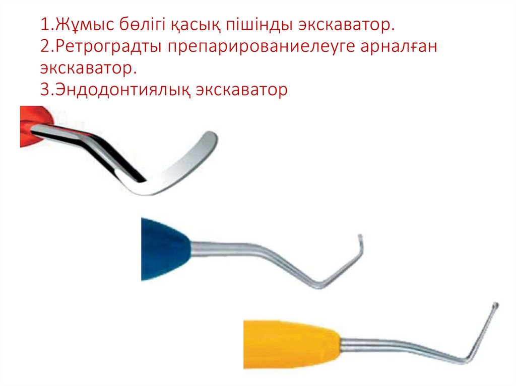 1.Жұмыс бөлігі қасық пішінды экскаватор. 2.Ретроградты препарированиелеуге арналған экскаватор. 3.Эндодонтиялық экскаватор