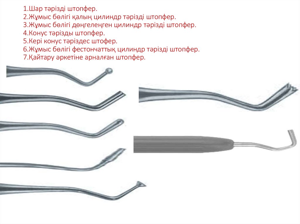 1.Шар тәрізді штопфер. 2.Жұмыс бөлігі қалың цилиндр тәрізді штопфер. 3.Жұмыс бөлігі дөңгелеңген цилиндр тәрізді штопфер.