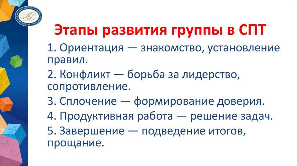 Этапы развития группы в СПТ
