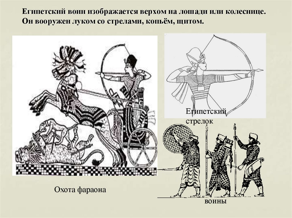 Египетский воин изображается верхом на лошади или колеснице. Он вооружен луком со стрелами, копьём, щитом.