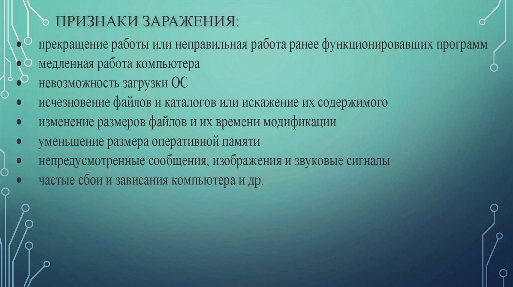 Признаки заражения: