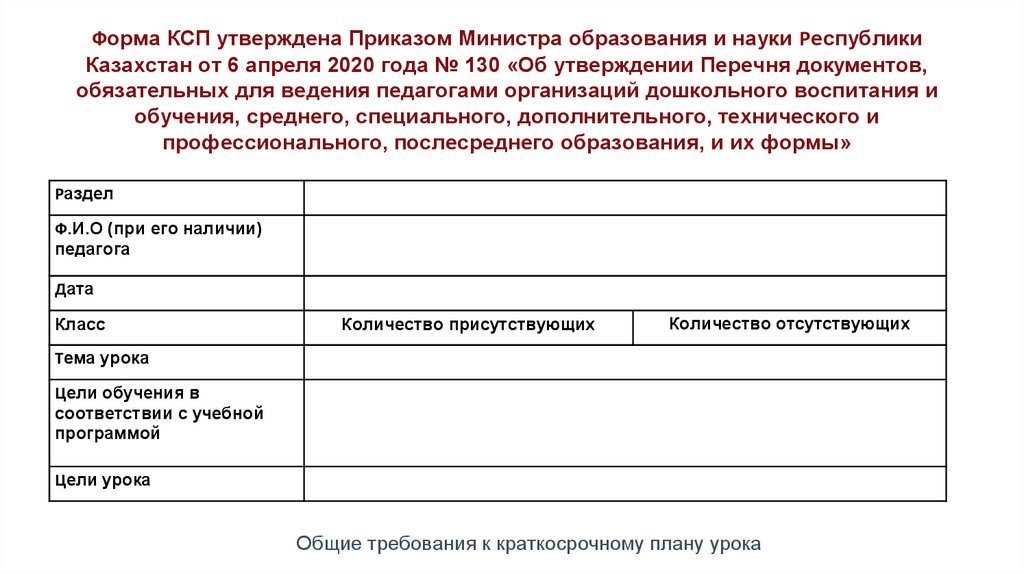 Форма КСП утверждена Приказом Министра образования и науки Республики Казахстан от 6 апреля 2020 года № 130 «Об утверждении