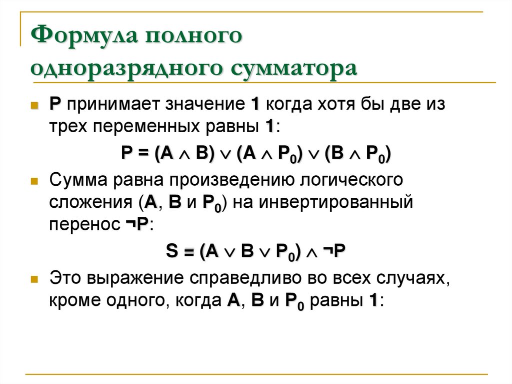 Формула полного одноразрядного сумматора
