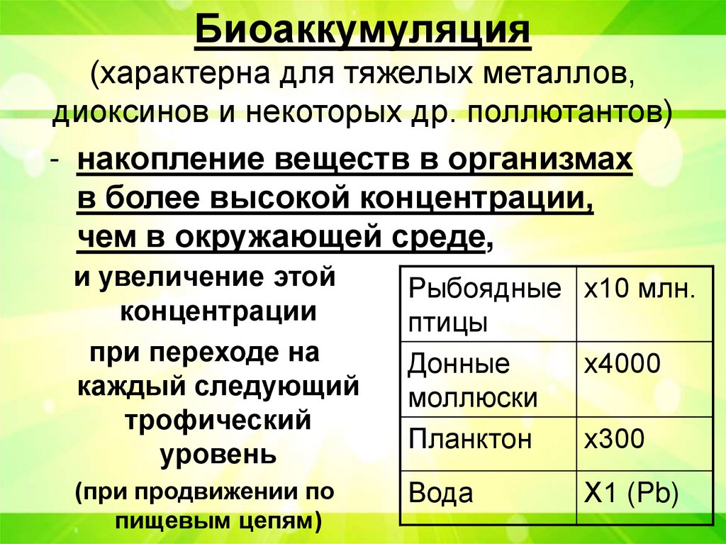 Биоаккумуляция (характерна для тяжелых металлов, диоксинов и некоторых др. поллютантов)