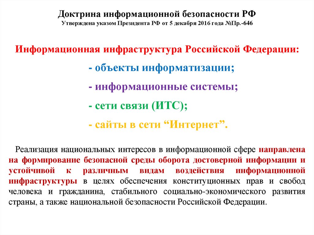 Доктрина информационной безопасности РФ Утверждена указом Президента РФ от 5 декабря 2016 года №Пр.-646