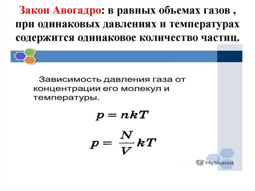 Закон Авогадро: в равных объемах газов , при одинаковых давлениях и температурах содержится одинаковое количество частиц.