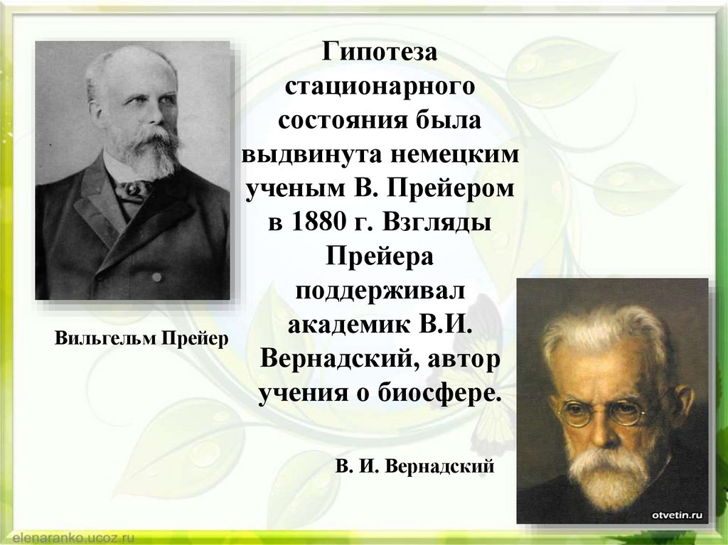 Гипотеза стационарного состояния была выдвинута немецким ученым В. Прейером в 1880 г. Взгляды Прейера поддерживал академик В.И.