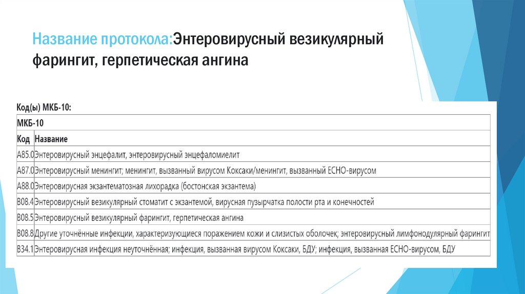 Название протокола:Энтеровирусный везикулярный фарингит, герпетическая ангина