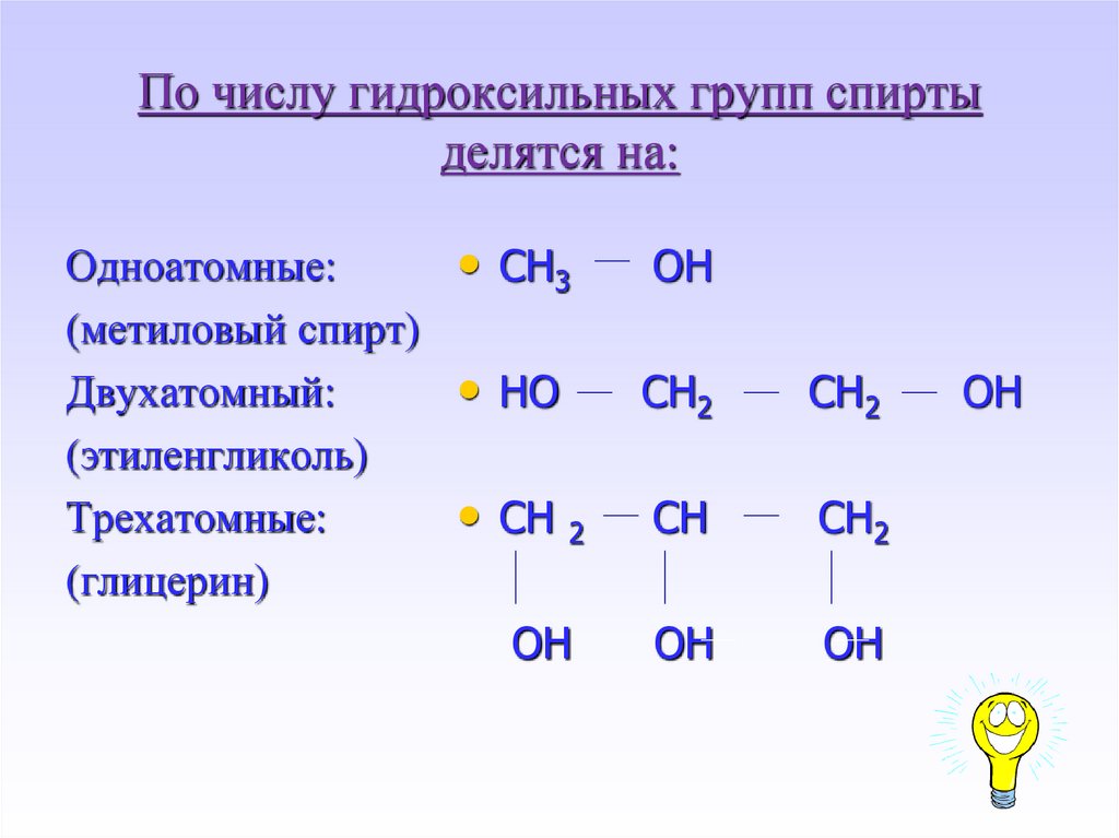 По числу гидроксильных групп спирты делятся на: