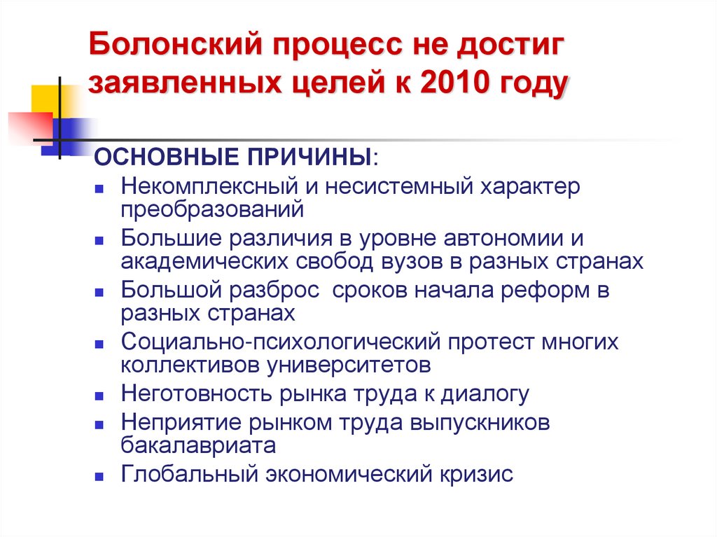Болонский процесс не достиг заявленных целей к 2010 году