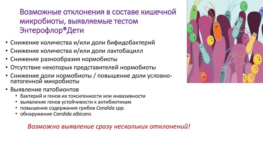 Возможные отклонения в составе кишечной микробиоты, выявляемые тестом Энтерофлор®Дети