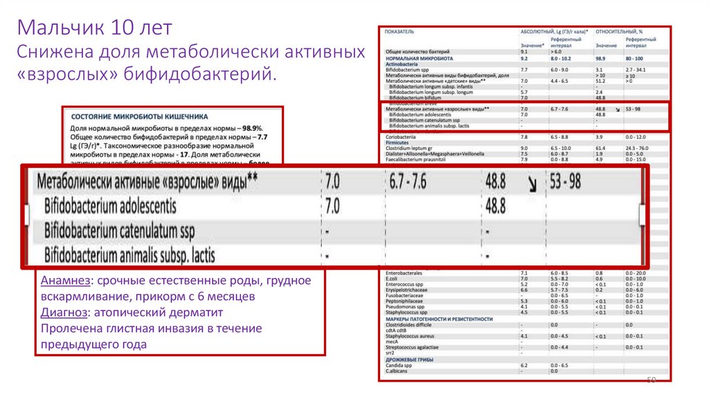 Мальчик 10 лет Снижена доля метаболически активных «взрослых» бифидобактерий.