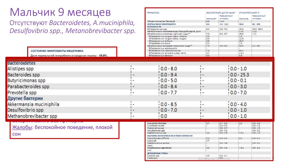 Мальчик 9 месяцев Отсутствуют Bacteroidetes, A.muciniphila, Desulfovibrio spp., Metanobrevibacter spp.