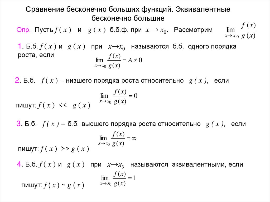 Опр. Пусть f ( x ) и g ( x ) б.б.ф. при x → x0. Рассмотрим