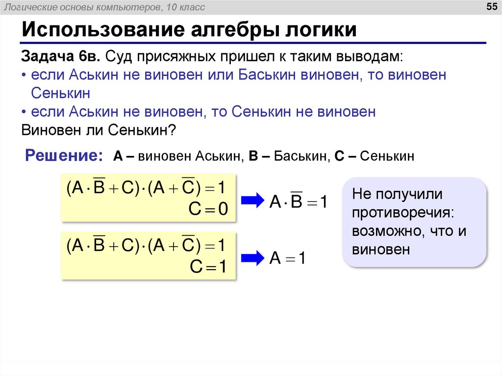 Использование алгебры логики