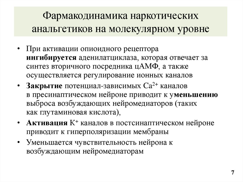 Фармакодинамика наркотических анальгетиков на молекулярном уровне