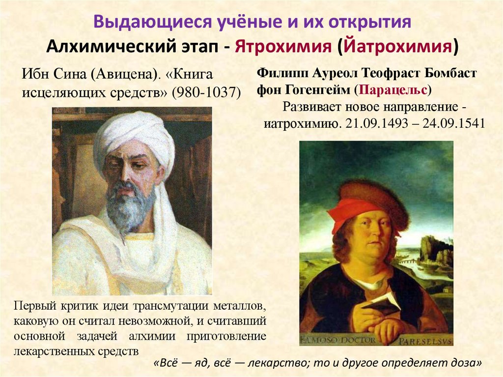 Выдающиеся учёные и их открытия Алхимический этап - Ятрохимия (Йатрохимия)