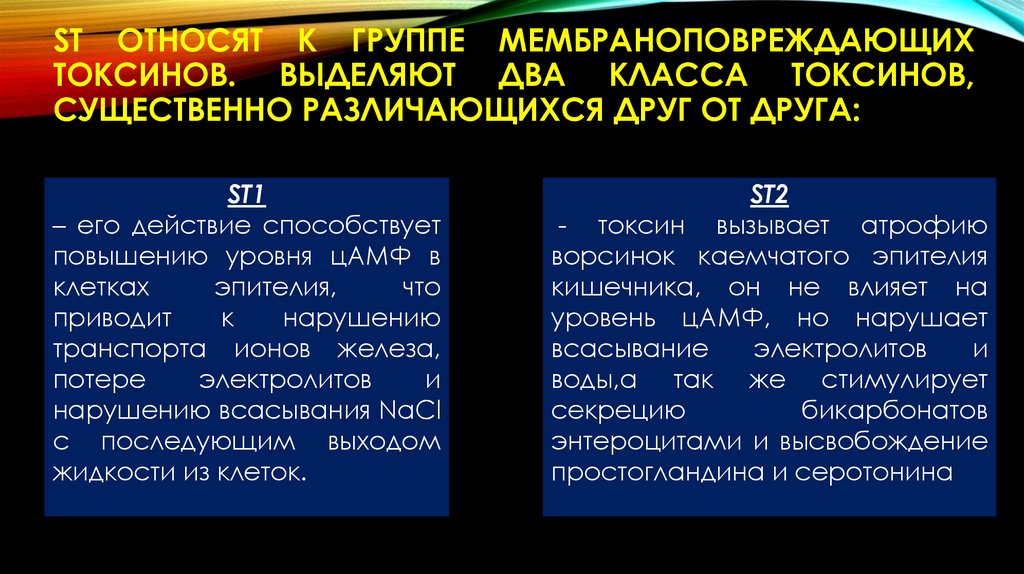 ST относят к группе мембраноповреждающих токсинов. Выделяют два класса токсинов, существенно различающихся друг от друга: