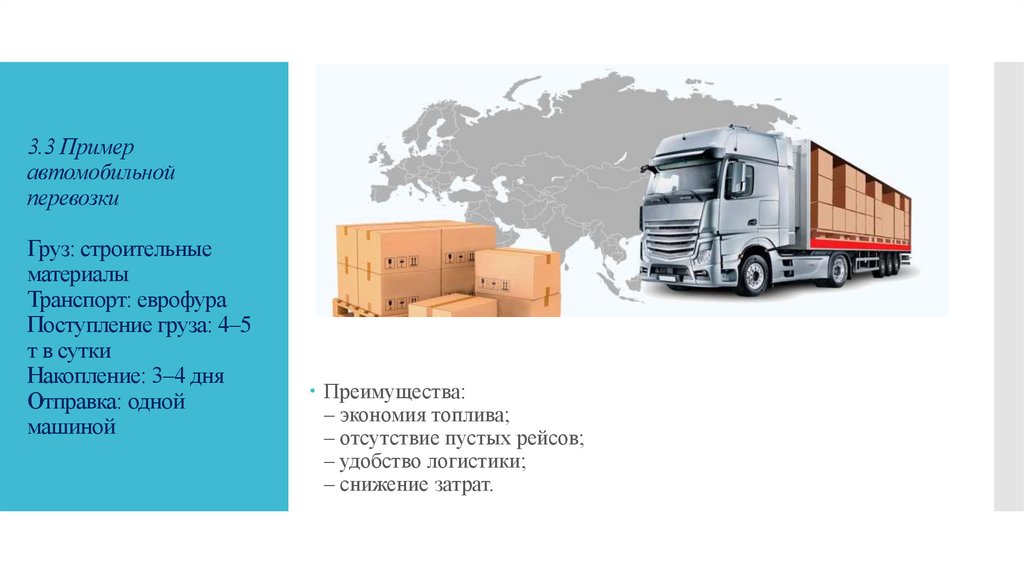 3.3 Пример автомобильной перевозки Груз: строительные материалы Транспорт: еврофура Поступление груза: 4–5 т в сутки