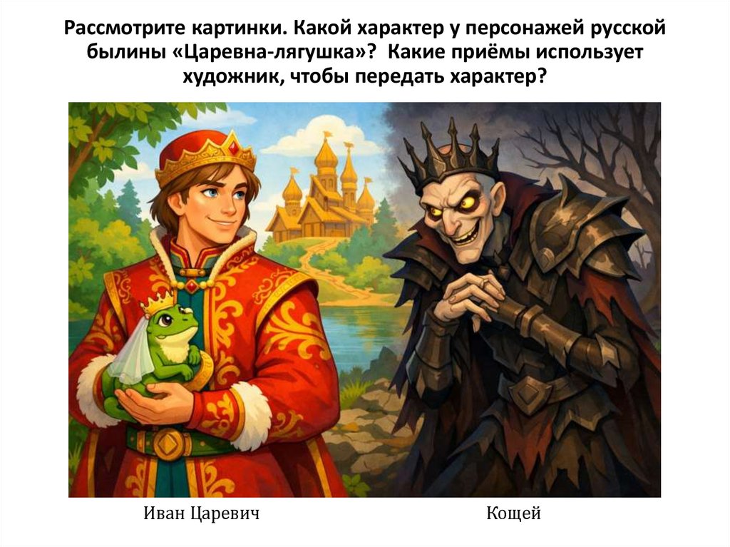 Рассмотрите картинки. Какой характер у персонажей русской былины «Царевна-лягушка»? Какие приёмы использует художник, чтобы