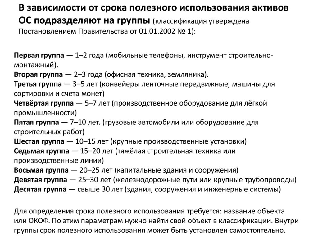 В зависимости от срока полезного использования активов ОС подразделяют на группы (классификация утверждена Постановлением