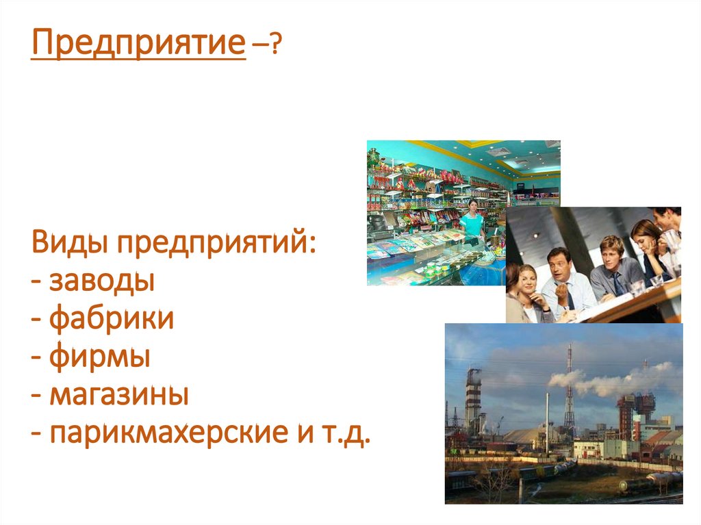 Виды предприятий: - заводы - фабрики - фирмы - магазины - парикмахерские и т.д.