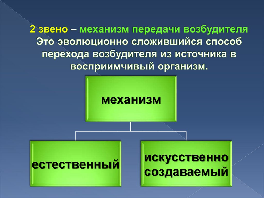 2 звено – механизм передачи возбудителя Это эволюционно сложившийся способ перехода возбудителя из источника в восприимчивый
