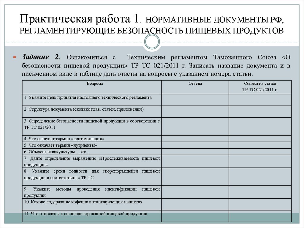 Практическая работа 1. НОРМАТИВНЫЕ ДОКУМЕНТЫ РФ, РЕГЛАМЕНТИРУЮЩИЕ БЕЗОПАСНОСТЬ ПИЩЕВЫХ ПРОДУКТОВ