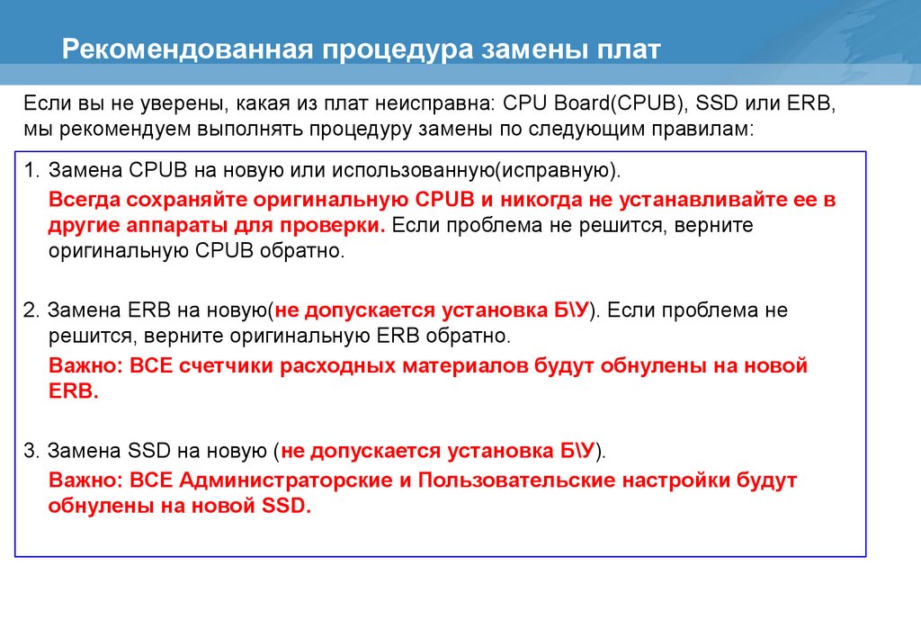 Рекомендованная процедура замены плат