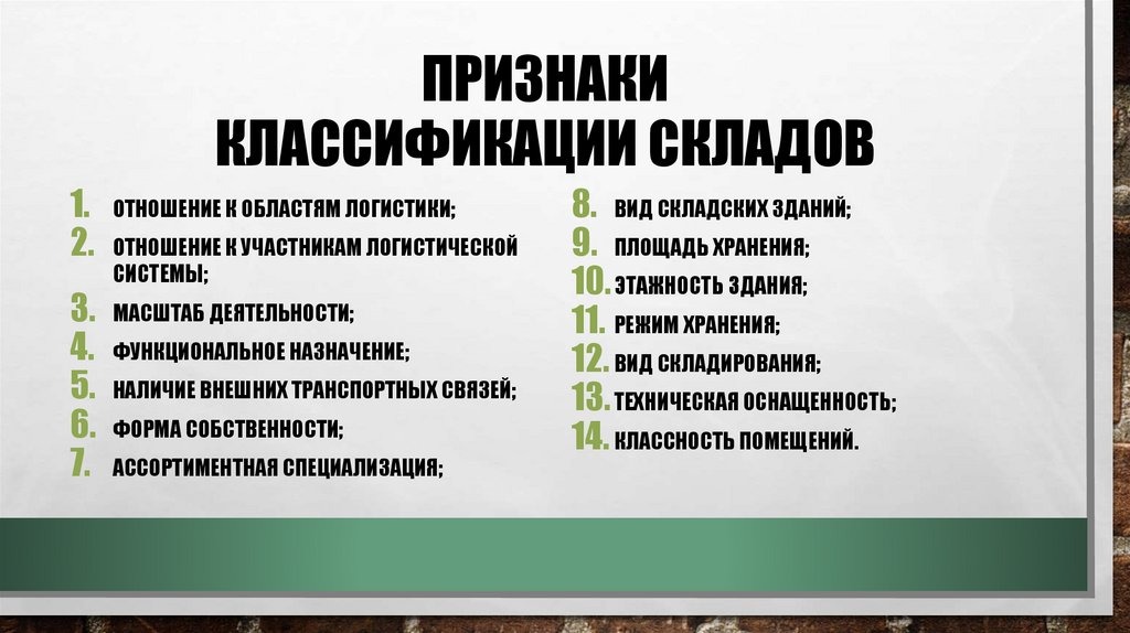 Признаки классификации складов