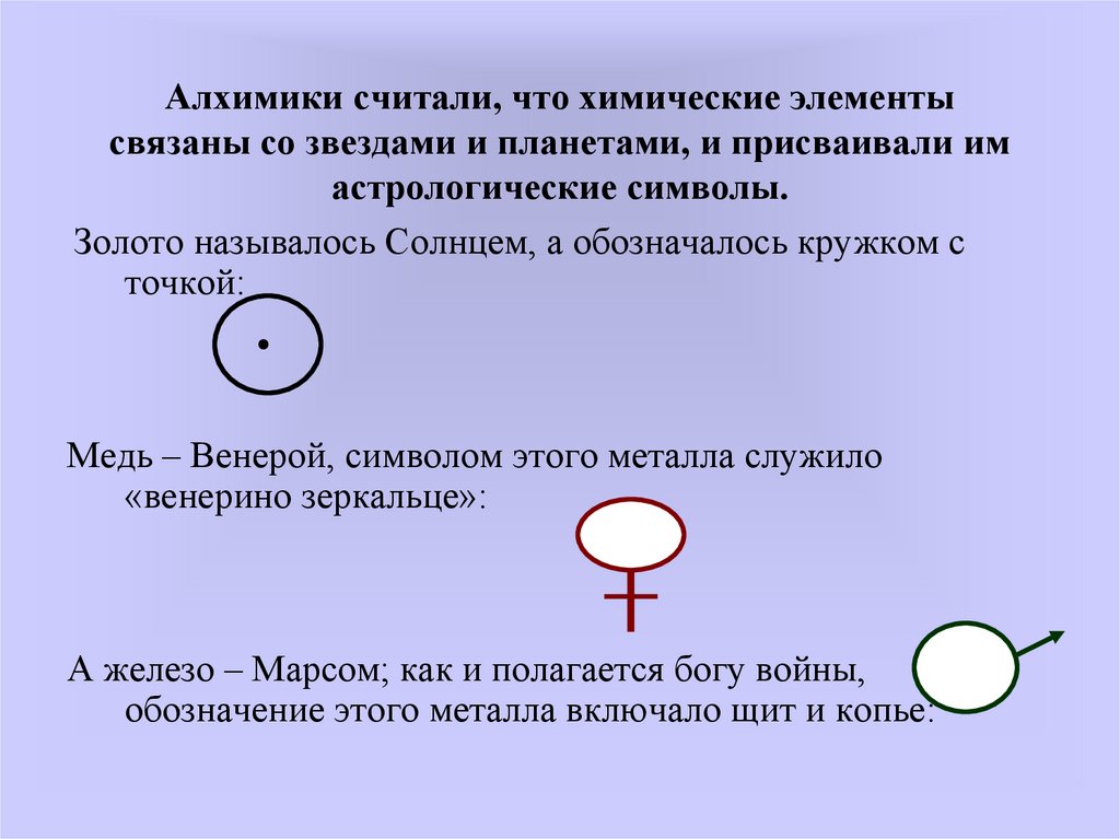 Алхимики считали, что химические элементы связаны со звездами и планетами, и присваивали им астрологические символы.