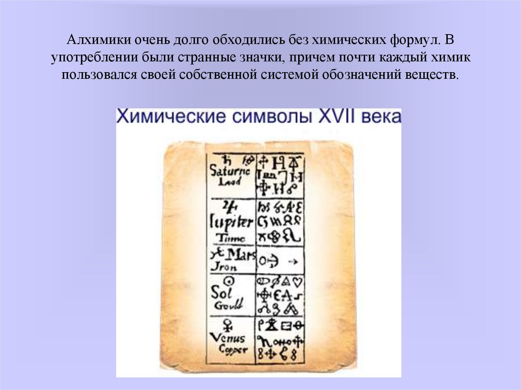 Алхимики очень долго обходились без химических формул. В употреблении были странные значки, причем почти каждый химик