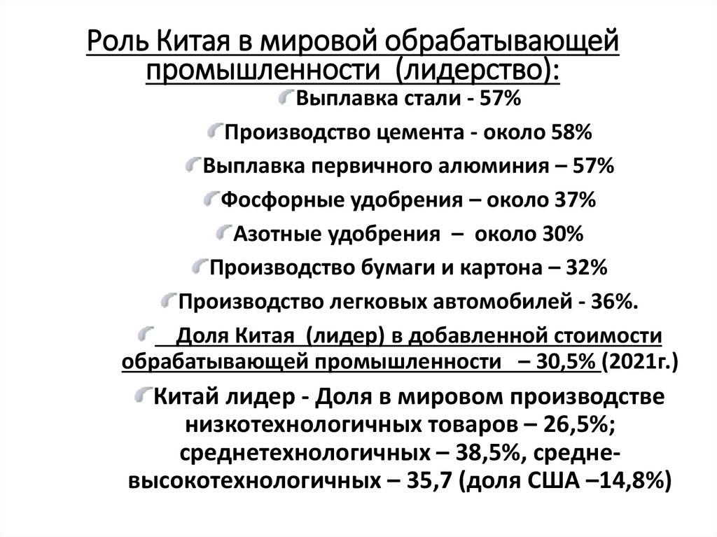 Роль Китая в мировой обрабатывающей промышленности (лидерство):