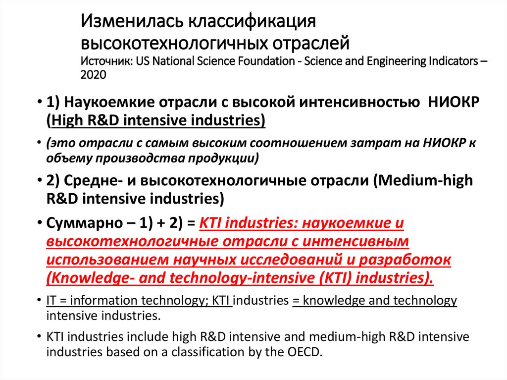 Изменилась классификация высокотехнологичных отраслей Источник: US National Science Foundation - Science and Engineering