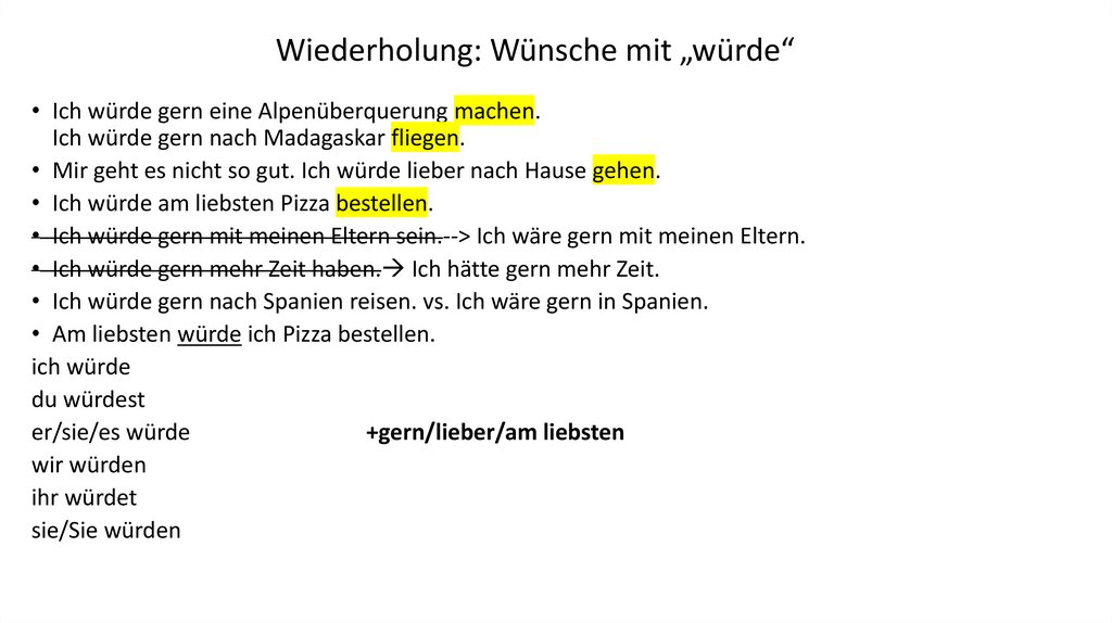 Wiederholung: Wünsche mit „würde“