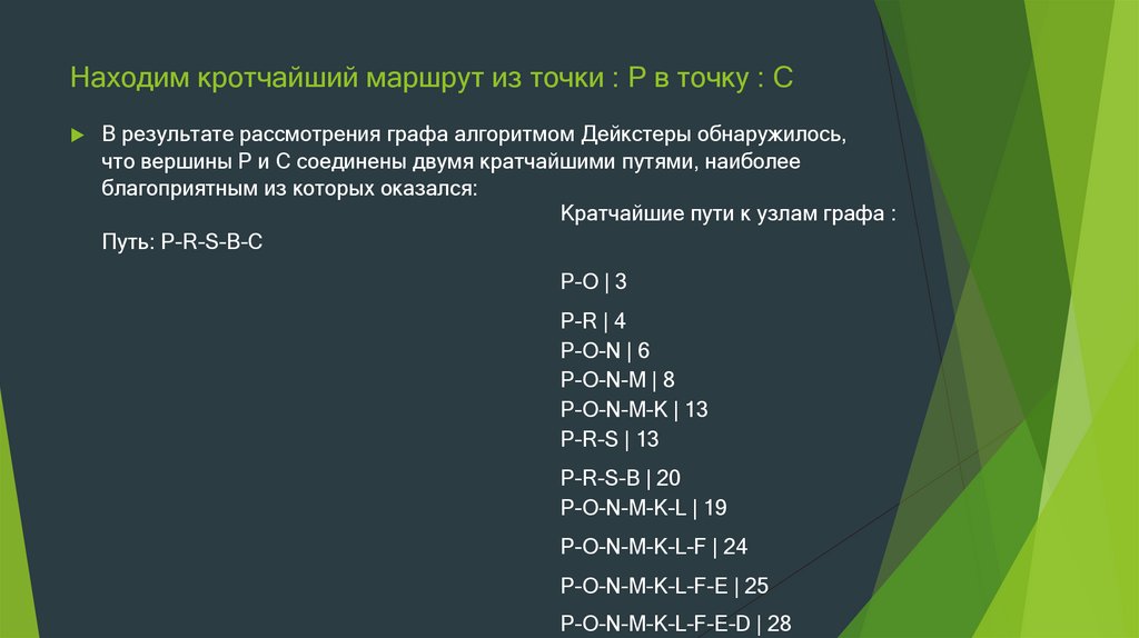 Находим кротчайший маршрут из точки : P в точку : C