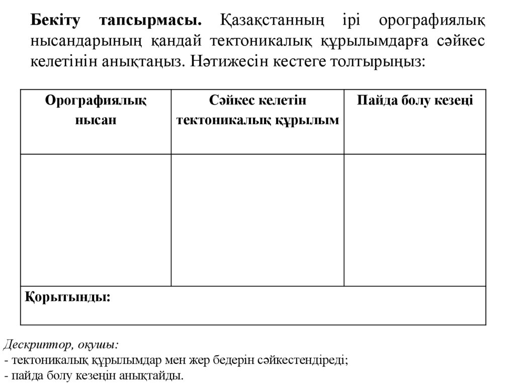 Бекіту тапсырмасы. Қазақстанның ірі орографиялық нысандарының қандай тектоникалық құрылымдарға сәйкес келетінін анықтаңыз.
