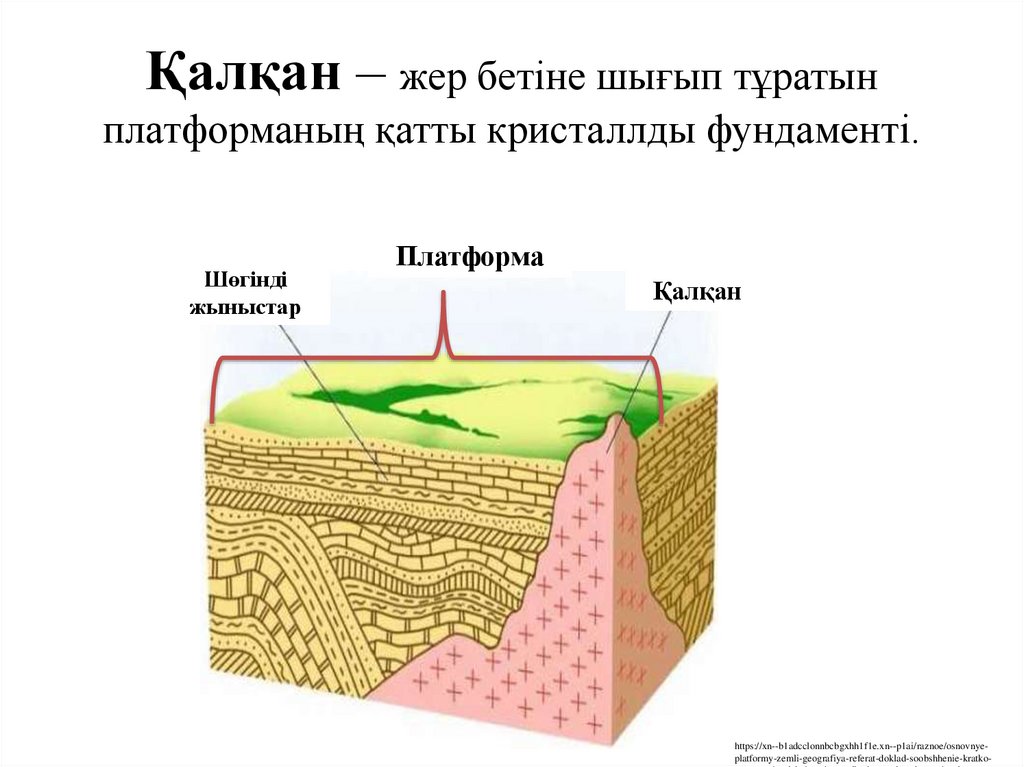Қалқан – жер бетіне шығып тұратын платформаның қатты кристаллды фундаменті.