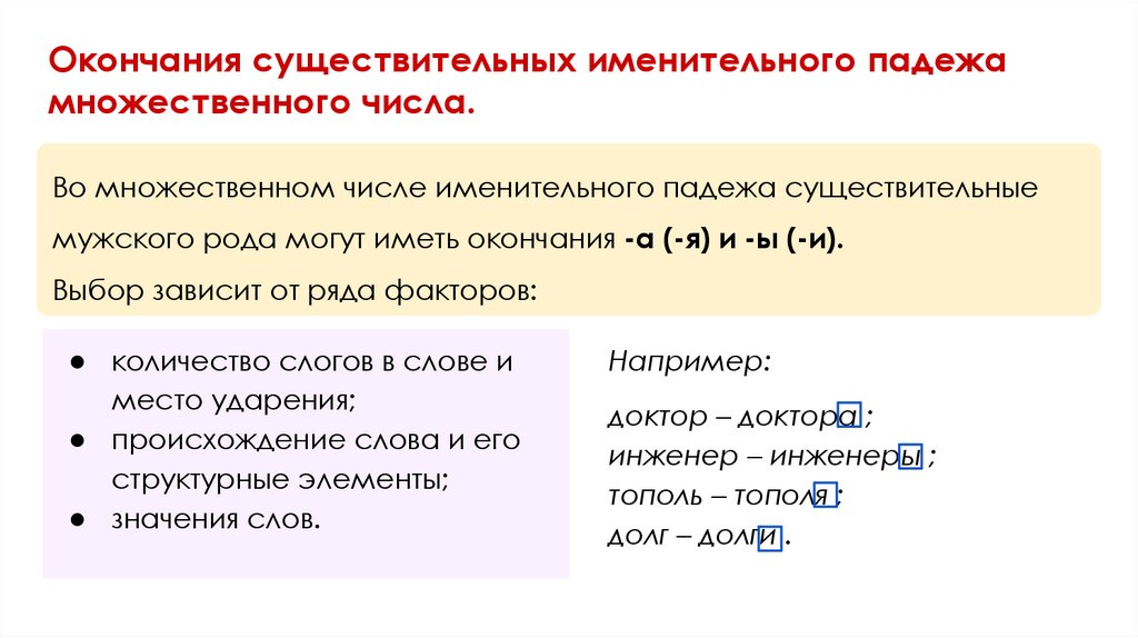 Окончания существительных именительного падежа множественного числа.
