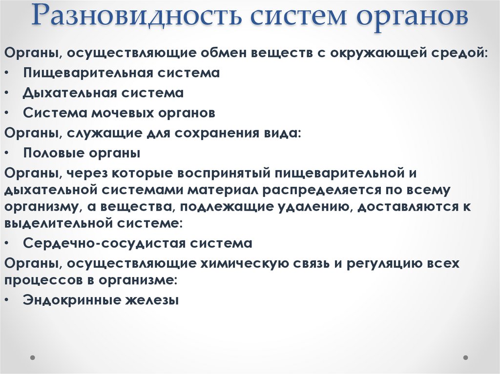 Разновидность систем органов