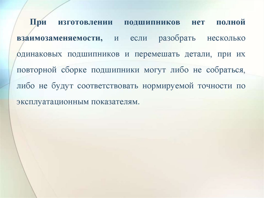 При изготовлении подшипников нет полной взаимозаменяемости, и если разобрать несколько одинаковых подшипников и перемешать