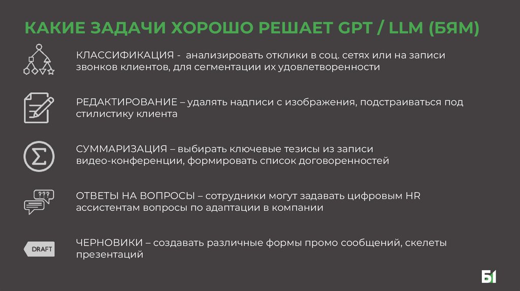 Какие задачи хорошо решает GPT / LLM (БЯМ)