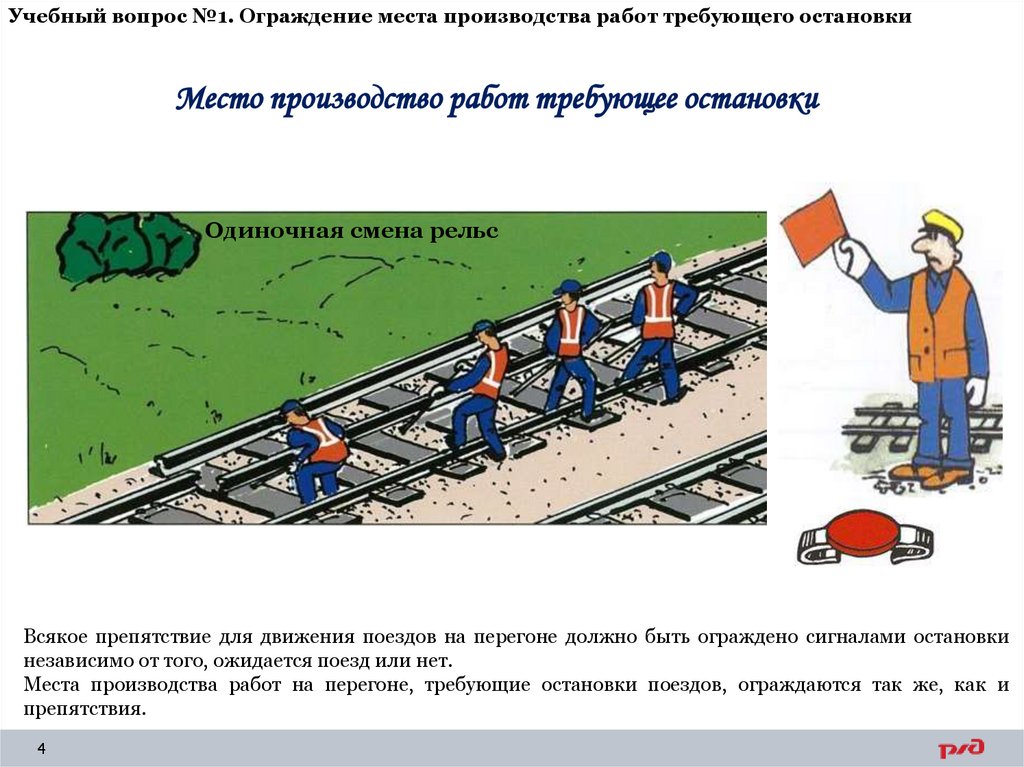 Учебный вопрос №1. Ограждение места производства работ требующего остановки