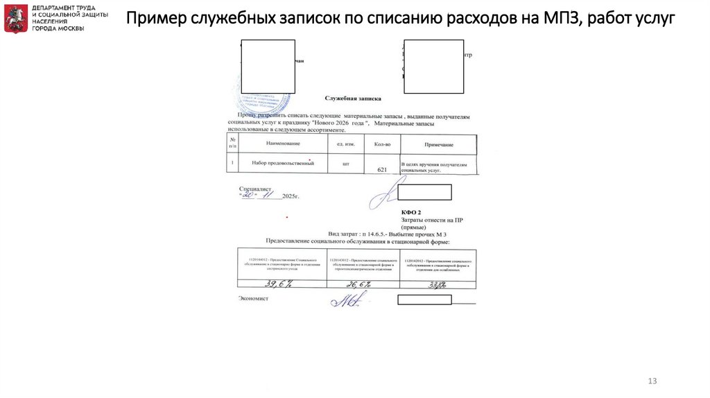 Пример служебных записок по списанию расходов на МПЗ, работ услуг