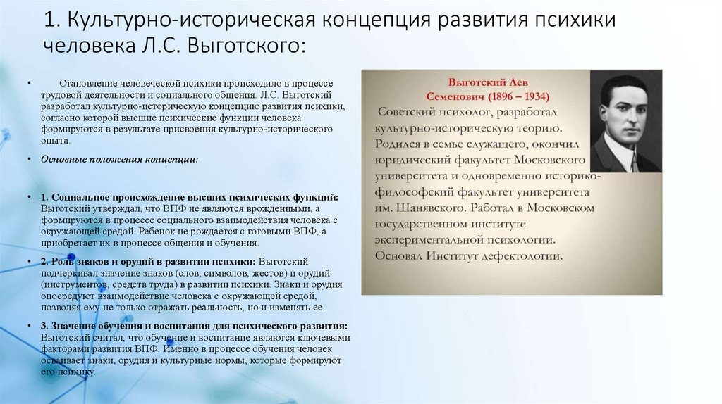 1. Культурно-историческая концепция развития психики человека Л.С. Выготского: