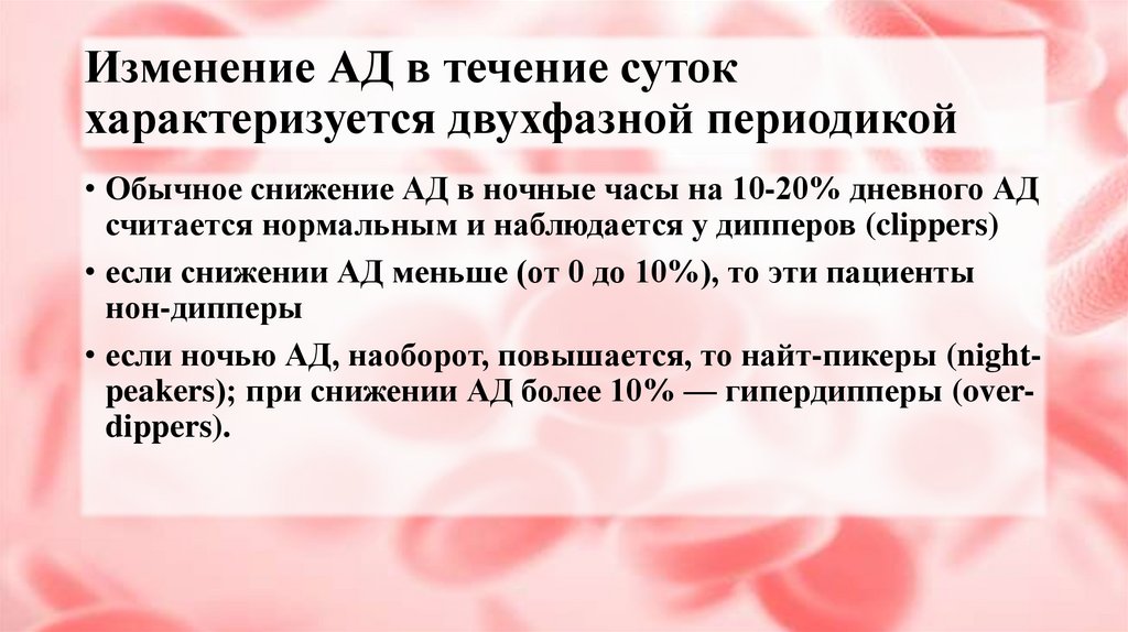 Изменение АД в течение суток характеризуется двухфазной периодикой