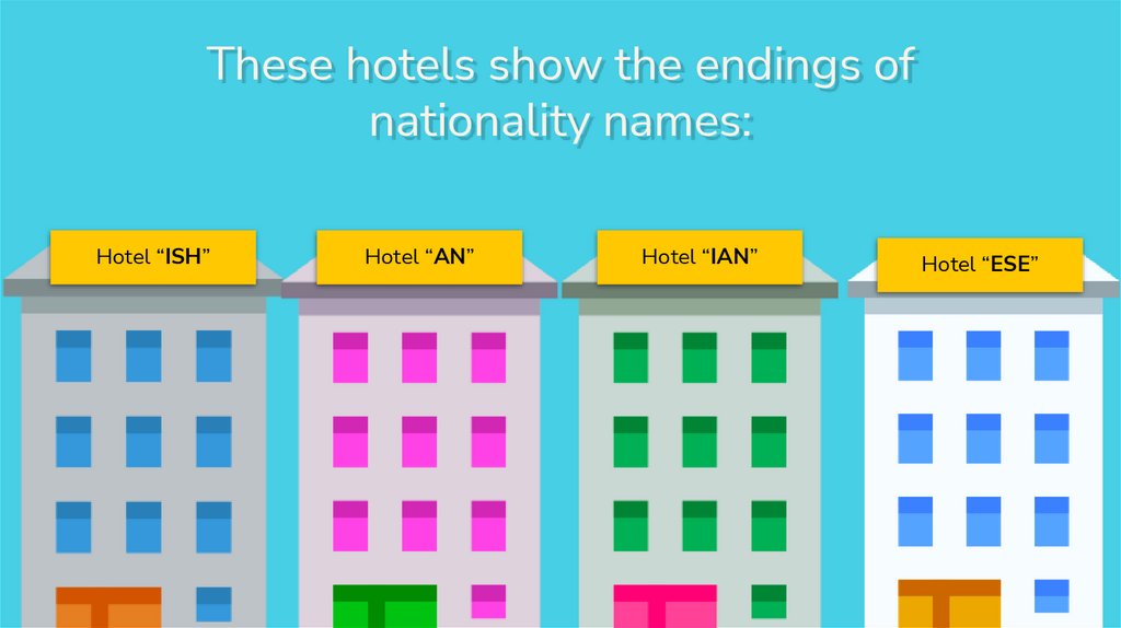These hotels show the endings of nationality names:
