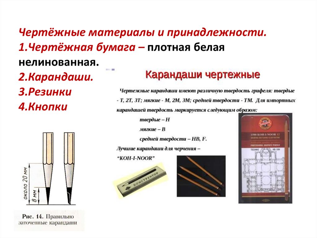Чертёжные материалы и принадлежности. 1.Чертёжная бумага – плотная белая нелинованная. 2.Карандаши. 3.Резинки 4.Кнопки
